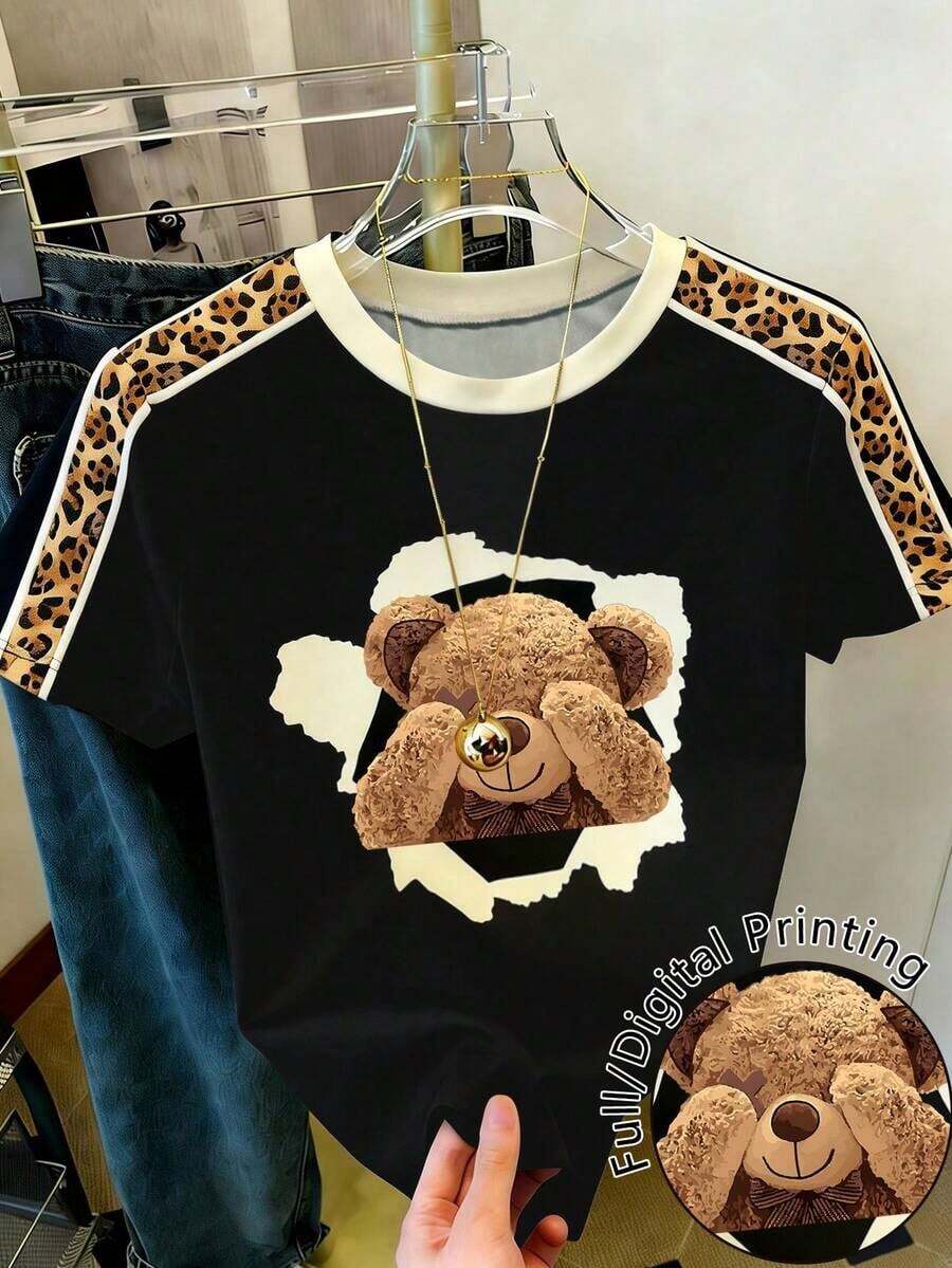 Camiseta de manga corta de mujer con cuello redondo, estampado de cerezas a rayas, de uso casual y versátil para uso diario - Multicolor - Ver 1
