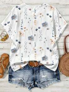 Mono informal con cuello en V y estampado floral para mujer talla grande - Multicolor - Ver 2