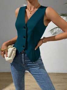 Chaleco informal sin mangas con abertura lateral para mujer - Agua verde azul - Ver 4