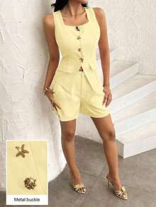Conjunto de chaleco y pantalones cortos rectos de mujer con hebilla metálica francesa, estilo dulce y picante - Amarillo - Ver 6