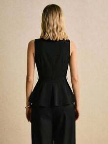 Blusa sin mangas elegante y casual con dobladillo con volantes, para verano - Negro - Ver 7