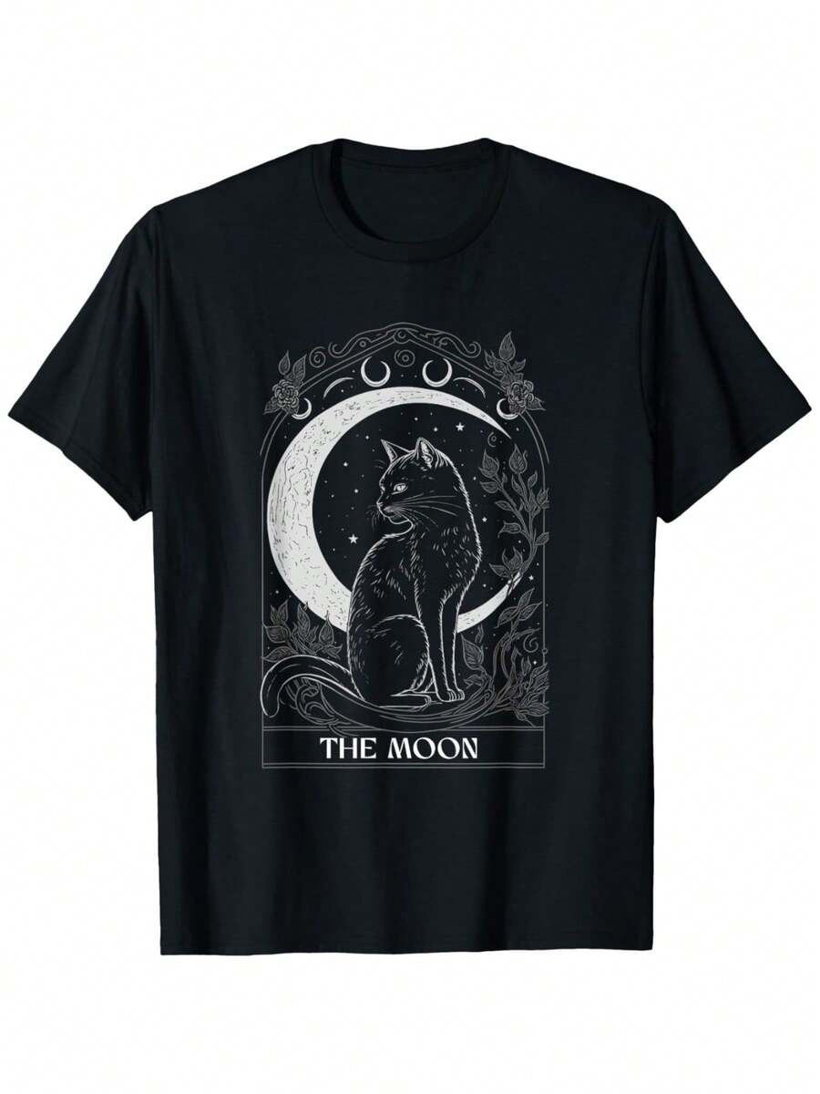 Camiseta para Amantes de Gatos Tarot - Diseño de Silueta de Gato con Luna y Estrellas Misteriosas y Patrón Floral - 100% Algodón Puro, Suave, Unisex - Regalo de Navidad, Acción de Gracias o Cumpleaños para Mamá, Papá, Amigos - Negro - Ver 1
