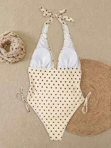 Elegante y sexy traje de baño de una pieza con escote en V y lunares marrones, blanco, casual para primavera/verano, traje de baño de moda para playa, resort y fiesta en la piscina - Multicolor - Ver 2