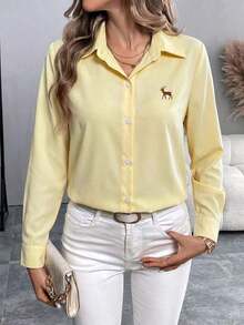 Camisa casual de manga larga con botones, cuello polo y estampado de rayas bordado - Amarillo claro - Ver 3