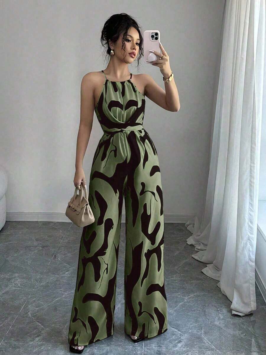 Mono de tela estampada con envolvente frontal para mujer, diseño que define la cintura para usar en ocasiones elegantes, ya sea de fiesta o diario - Verde militar - Ver 1