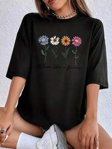 Women's Casual T-Shirt With Floral Print And Inspirational Phrase, Fun, Plus Size, Graphic, Short Sleeve, Novelty, Round Neck, Casual Style, Fashion - 黑色 - 查看 1
