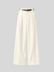 Mid-Rise Solid Color Elegant Straight-Leg Pants With Belt Spring - Cream - View 1
