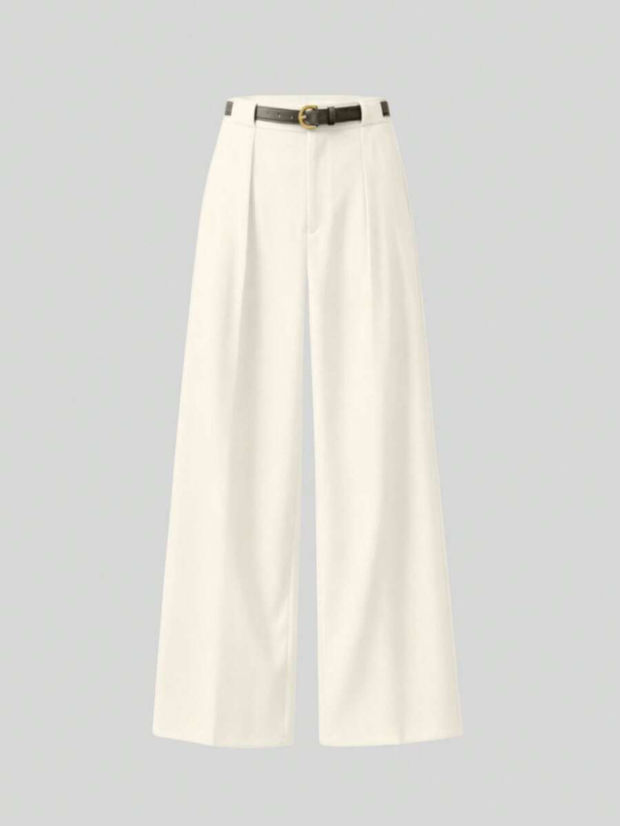Mid-Rise Solid Color Elegant Straight-Leg Pants With Belt Spring - Cream - View 1