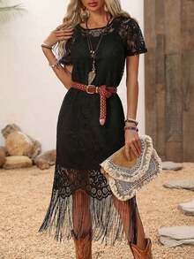 LUNE Vestido de manga corta con encaje y flecos de unicolor, vestidos de campo para mujeres, vestido de campo y occidental, atuendo bohemio para mujeres, vestido bohemio, ropa bohemia chic para mujeres, atuendos occidentales para mujeres, vestido de resort, vestido de vacaciones para mujeres - Negro - Ver 8