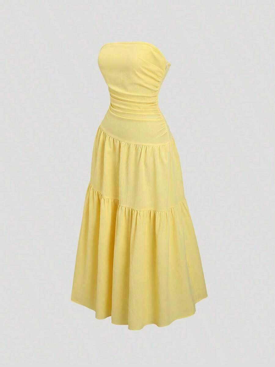 YHHSweetra Vestido casual de línea A amarillo sólido con pliegues, sin tirantes, de moda sencilla para fiestas, playa y citas, primavera y veranoYHH - Amarillo - Ver 1