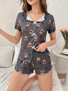2pcs Women Bear & Bow Sleepwear Set - Dark Grey - View 1