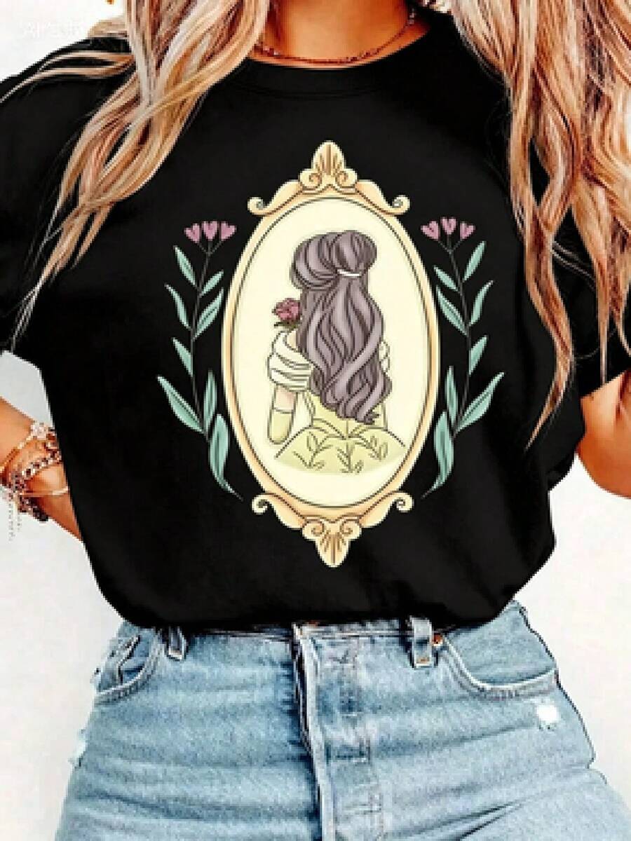 Bella Women's T-Shirt, Vintage Floral Style, Loose Short Sleeve, Ideal For Everyday Wear And Gifts - 黑色 - 查看 1