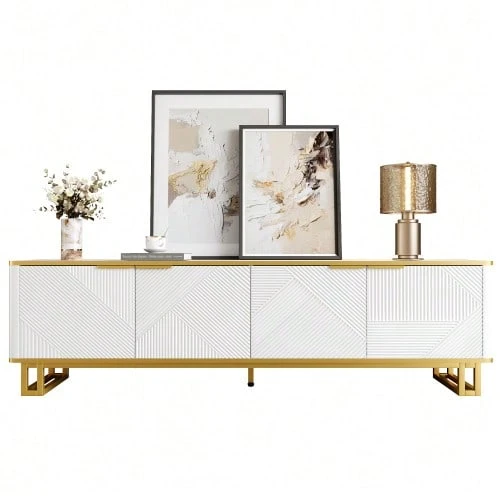 TV Stand With Four Doors, TV Mount, TV Panel, Low TV Stand. Unique Design, Geometric Texture. 160 X 37.5 X 48 Cm (Length X Width X Height) - 白色 - 查看 1