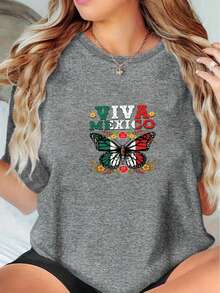 Women's Short-Sleeved T-Shirt With A Round Neck And Butterfly Print - Casual Sporty Style, Soft And Breathable, 95% Polyester Fiber 5% Spandex 180g, Printed Design, Modern And Fashionable, Comfortable And Versatile, Urban Style. --Lightweight, Breathable, And Loose-Fitting Cotton T-Shirt - 黑色 - 查看 7