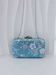 Bolsos de mano y bolsos de noche para mujer, bolso de embrague de cáscara dura con bordado floral y patrón de lentejuelas, tela de satén con cierre de marco de metal, bolso elegante y compacto de estilo vintage para mujeres para bodas, fiestas y eventos formales - Azul - Ver 7