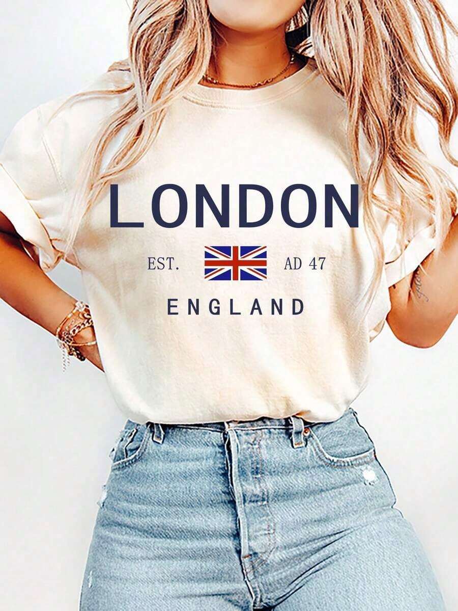 Camiseta Casual de Manga Corta con Cuello Redondo y Estampado Union Jack para Mujer, Color Negro - Beis - Ver 1