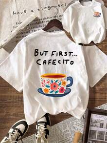 Women's "But First...Cafecito" Short Sleeve T-Shirt By SimpieAndVersatileDesign - Spanish Print T-Shirt, Round Neck, Casual, Suitable For Summer, Beachwear And Holiday Outfits, Machine Washable Casual Wear, Cafecito Print, Cotton T-Shirt. - 白色 - 查看 1