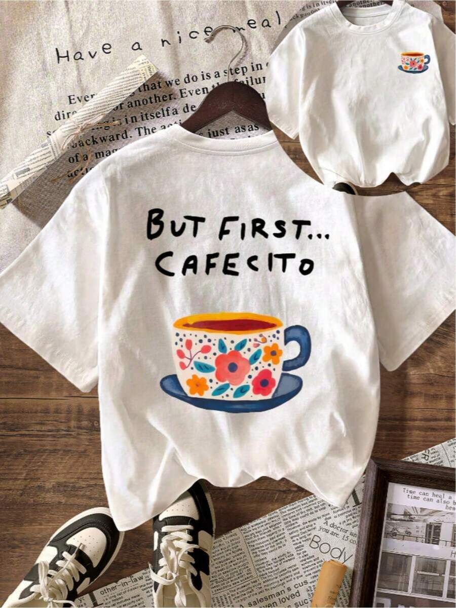 Women's "But First...Cafecito" Short Sleeve T-Shirt By SimpieAndVersatileDesign - Spanish Print T-Shirt, Round Neck, Casual, Suitable For Summer, Beachwear And Holiday Outfits, Machine Washable Casual Wear, Cafecito Print, Cotton T-Shirt. - 白色 - 查看 1