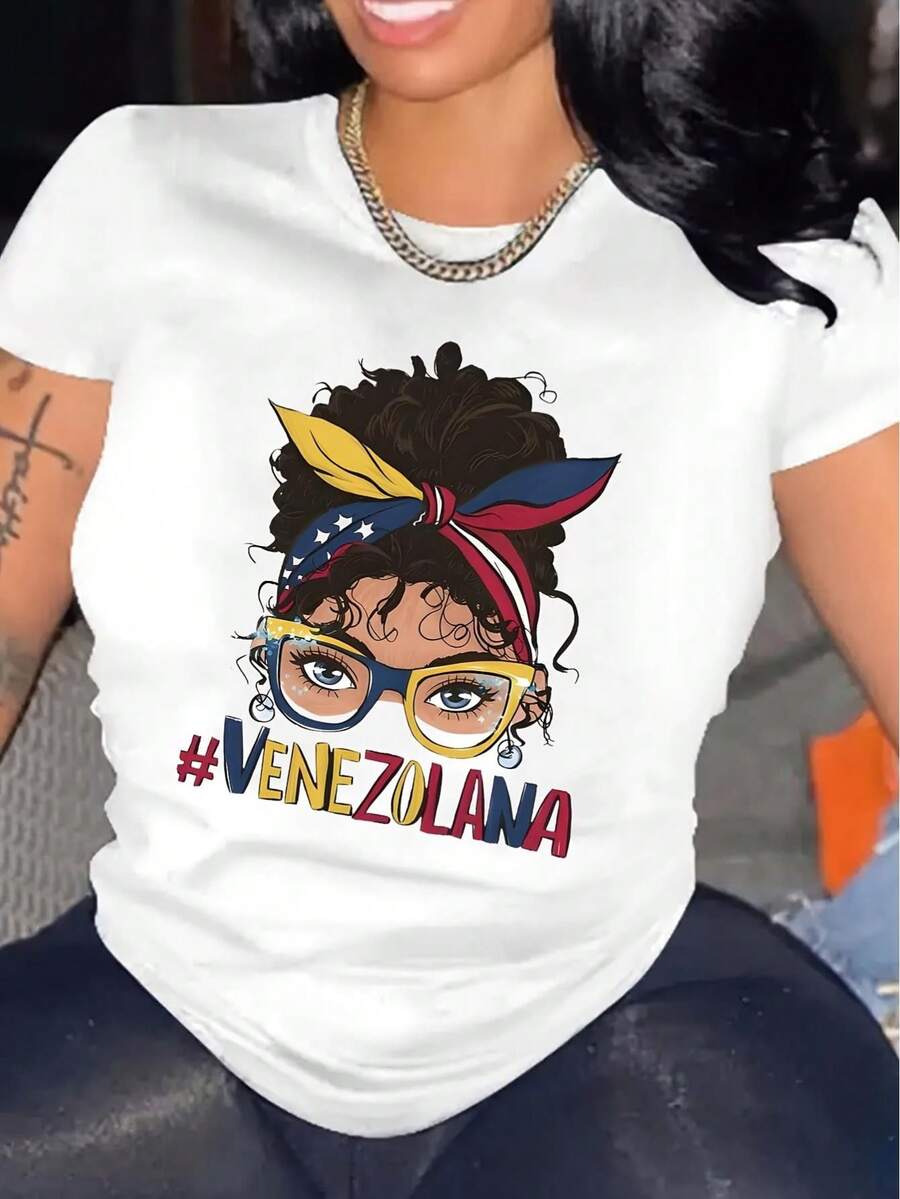 -Inspired Bandana Print Crew Neck T-Shirt - Casual Short Sleeve Top For Women, Breathable Polyester, Machine Washable - White - View 1