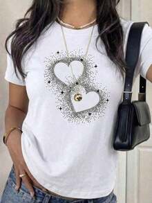 Camiseta Casual Negra de Manga Corta para Mujer con Diseño de Corazón de Lentejuelas, Cuello Redondo, Corte Regular, Top de Poliéster - Blanco - Ver 3
