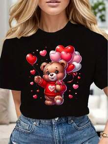 Camiseta Casual para Mujer con Estampado de Oso Lindo Sosteniendo Globos en Forma de Corazón y Flores, Suave y Cómoda, Regalo para San Valentín, Día de la Madre, Cumpleaños - Estilo Vintage Urbano, Unisex, de Algodón, Manga Corta, Cuello Redondo, Blusas para Mujer. blusas.blusas casuales para dama.Impresión de osos cariñosos.Camiseta estampada Impresión de osos cariñosos. - Negro - Ver 5