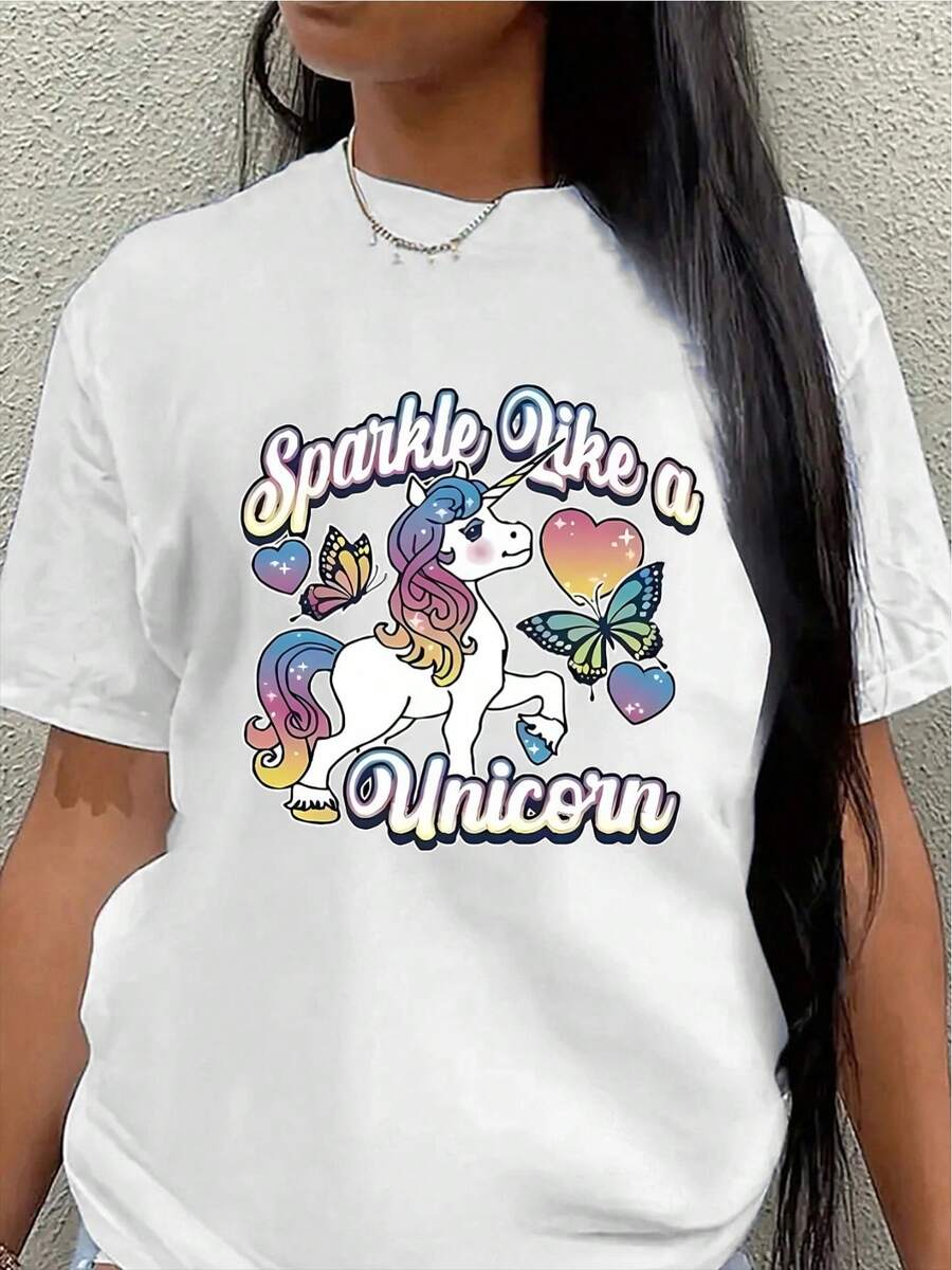 Camiseta de manga corta de poliéster, adornada con un estampado de unicornio brillante, ligera y duradera, adecuada para el hogar, la oficina o para fiestas informales, con un diseño de unicornio colorido, cómoda de llevar.blusas para mujer>ropa - Blanco - Ver 1