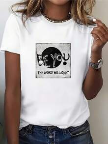 Camiseta casual 100% algodón con la frase "Be Yourself" para amigos y familiares – el regalo perfecto para el Día de la Independencia y actividades de team-building, camiseta con la impresión "The World Will Adapt", estilo veraniego moderno adecuado para diversas ocasiones. Camiseta sencilla de color sólido para mujer, corte holgado y ajustado, manga corta informal. - Blanco - Ver 1