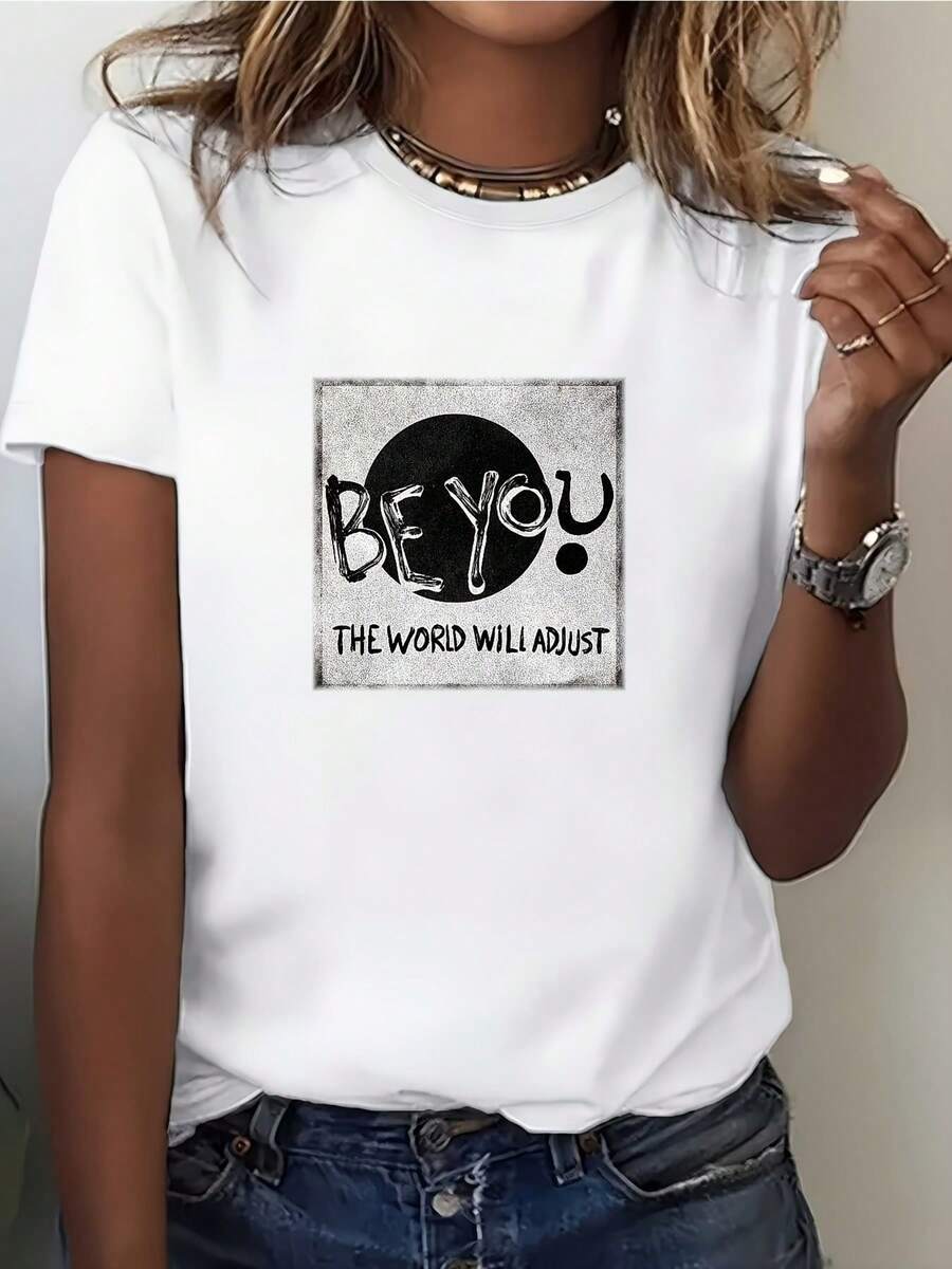 Camiseta casual 100% algodón con la frase "Be Yourself" para amigos y familiares – el regalo perfecto para el Día de la Independencia y actividades de team-building, camiseta con la impresión "The World Will Adapt", estilo veraniego moderno adecuado para diversas ocasiones. Camiseta sencilla de color sólido para mujer, corte holgado y ajustado, manga corta informal. - Blanco - Ver 1