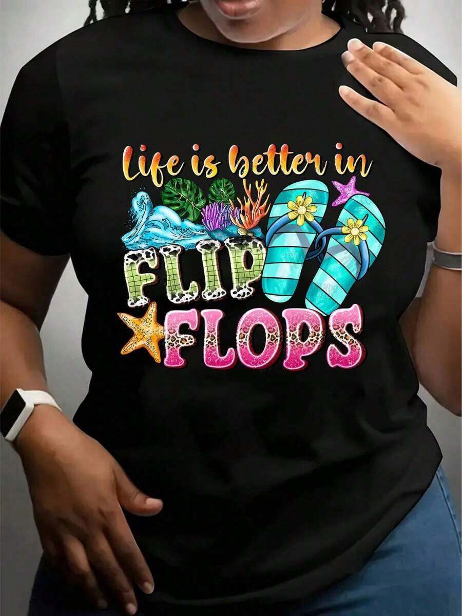 La vida es mejor con chanclas, camiseta gráfica con vibraciones de playa de verano para mujer, atuendo casual para vacaciones, diseño tropical, camiseta divertida y llamativa, camiseta de mujer. - Negro - Ver 1