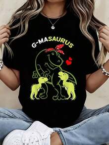 Cartoon T-Shirt With Dinosaur Mom G Masauros And Babies, Cute T-Shirt For Women, Funny Gift For Mother's Day, Casual Black Top. - 黑色 - 查看 2