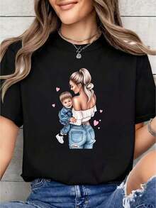 Plus Size Women's Clothing, Limited Edition Mother's Day T-Shirt, Mother-Daughter Denim Style, Printed T-Shirt For Parents, Soft And Breathable, Short Sleeve, Round Neck, Casual Top, Suitable For Spring And Summer, Machine Washable, Suitable As A Gift. Women's T-Shirt. Blouses>Elegant. Boho Chic, Soft, Breathable And Comfortable Women's Top, Ideal For Spring, Summer And Autumn, Perfect For Vacation, Travel And Everyday Wear. - 黑色 - 查看 7