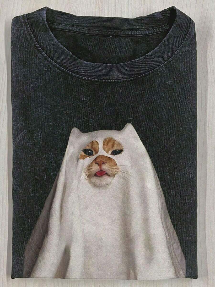 Camiseta de 230g con estampado de gato misterioso, de alta calidad, estampada con cera sobre algodón, estilo retro, de marca de moda, para hombre, camiseta de verano, regalo de vacaciones, regalo perfecto. - Negro - Ver 1