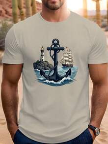 Camiseta de Hombre Talla Grande con Diseño Náutico de Faro y Ancla, PLUS SIZE - Blanco - Ver 7