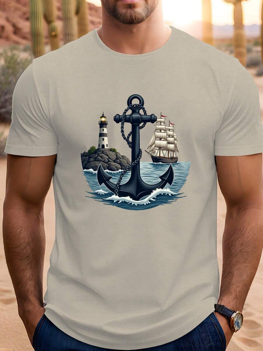 Camiseta de Hombre Talla Grande con Diseño Náutico de Faro y Ancla, PLUS SIZE - Caqui - Ver 1