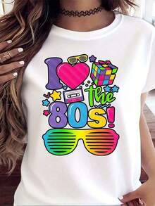 1 pieza Camiseta "Me encantan los 80" para mujeres, camiseta retro de fiesta de los 80 con gafas de sol neón y diseño de cinta de casete, divertida camiseta vintage para fiestas temáticas de los 80, cumpleaños, Halloween o eventos de disfraces, 180g 100% algodón suave - Blanco - Ver 8