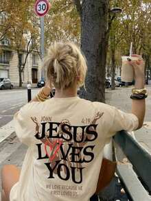 Women's Short-Sleeved T-Shirt With Round Neck And "Jesus Loves You" Print, Casual Style, Suitable For Everyday Wear, Summer White Color. - 黑色 - 查看 12