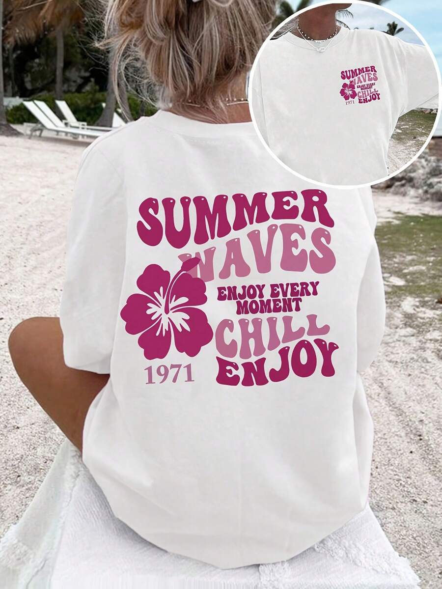 Camiseta Casual para Mujer, Estilo Nuevo Primavera/Verano 2026, Diseño Simple y Único con Estampado Floral y Letras Sencillas - Blanco - Ver 1