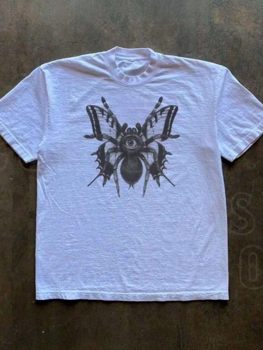 Oversized Vintage T-Shirt With Butterfly And Spider Design, Dark Academy Style Clothing For Men And Women, Grunge Aesthetic T-Shirt, Gothic Goblincore Graphic T-Shirt - 白色 - 查看 1