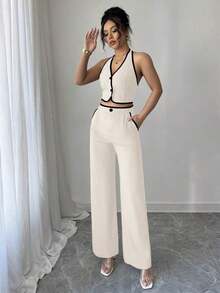 Set de 2 piezas para mujer: Top halter de cuello con recorte de contraste y espalda descubierta, y pantalones con bolsillo - Albaricoque - Ver 3