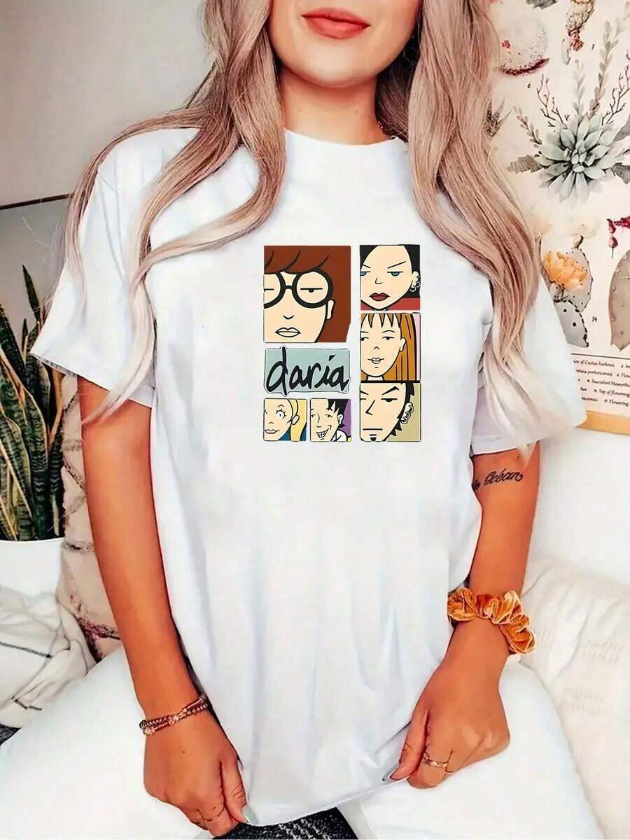 1 Piece Of Women's Fashion T-Shirt With Cartoon Print, Round Neck, Short Sleeves, Simple Casual Sports T-Shirt, Comfortable Summer Vacation Top, 180g 100% Cool Cotton. - 白色 - 查看 1