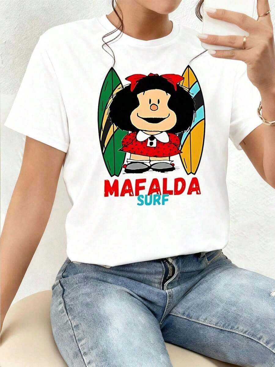 Colorful Illustration Of A Smiling Girl With A Surfboard Conveying Joy And Beach Energy. Comfortable And Modern Double-Sided Women's T-Shirt, Comfortable Clothing. - 白色 - 查看 1