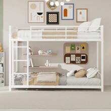Metal Bunk Bed With Two Single Beds / Heavy, Stable Metal / Low Noise / Safety Railing / No Box Spring Required - White - View 1