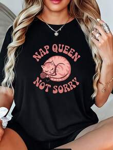 Women's Essential Summer Casual T-Shirt With "Nap Queen No Regrets" Print - Black, Short Sleeve, Crew Neck With Pink Cat Print, Soft And Breathable, Machine Washable, Comfortable For Everyday Wear, Casual Wear, New Summer Fashion, Holiday Gift. Soft Cotton For Everyday Use. - 黑色 - 查看 7