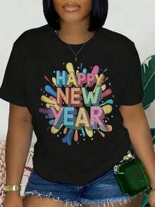 YOUNG, Women's Printed T-Shirt, Casual Short Sleeve Round Neck Top For Spring And Summer, Women's Clothing, Happy New Year 2026 Print - 1 - 1 Women's T-Shirts - 黑色 - 查看 1