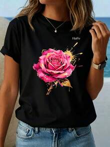Limited Time Offer, Limited Quantity Available, Flash , Women's Shirts, Women's T-Shirts. Women's Oversized White T-Shirt, Short Sleeve, Round Neck, Pink Rose Print With Gold And Graffiti Details, Casual Elegant Style For Everyday Wear - 黑色 - 查看 2