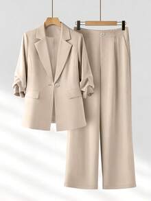 Conjunto de mujer primavera/verano ligero para ir al trabajo con blazer de diseño plisado, manga 3/4, holgado, de un solo pecho, un botón, con bolsillos reales y pantalones largos - Albaricoque - Ver 3
