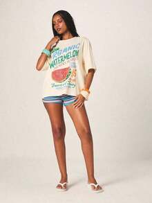 Suave Camiseta Gráfica Oversize de Algodón de Manga Corta para Mujer con Estampado de Sandía Orgánica del Mercado de Agricultores, Diseño de Fruta de Verano, 100% Algodón, blusas casuales, playeras de mujer algodón - Albaricoque - Ver 3