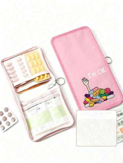 One Portable Pill Bag With Cute Cartoon Pills And The Words "I'M Fine," A Compact Pillbox And First-Aid Kit, A Portable Medical Bag, Convenient For Travel, Daily/Outdoor/Travel/Dormitory Medication Organization, An Essential Medical Accessory For Health-Conscious And Frequently Traveling Individuals