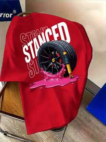 Oversized T ShirtMen's Fashion "Stanced" Hot Rod Print T-Shirt - Simple Casual Crew Neck Short Sleeve Tee, Machine Washable Summer Apparel, Suitable For Summer And Year-Round Wear, Ideal For Daily Casual, Home, And Outdoor UseShort Sleeve T-Shirt, Top For Woman Summer Outfits For Women Summer Tops Vacation Outfits WomenSpring Layering, Casual Tops, Ba - 紅色 - 查看 4