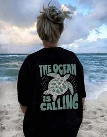 1 Piece Women's Plus Size Short Sleeve Crew Neck Graphic T-Shirt - "The Ocean Is Calling" Sea Turtle Print, Coastal Beach Vacation Aesthetic, Soft Top For Casual Summer Daily Wear. - 黑色 - 查看 1